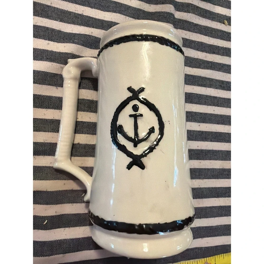 Vintage Nautical Ceramic Beer Stein Hand Painted Sailing Ship Anchor Ivory Mug